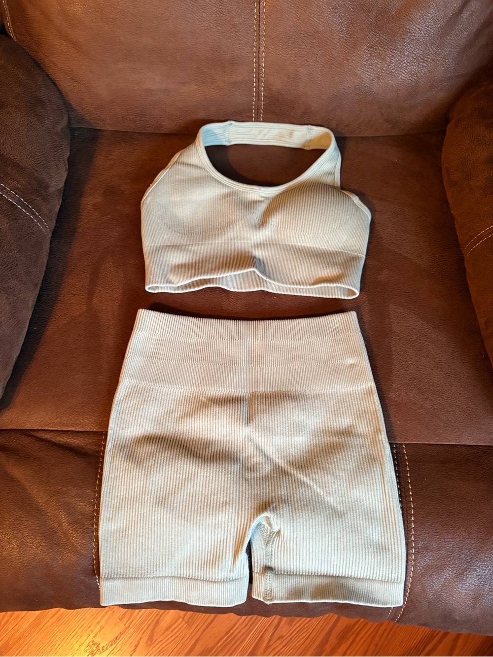Ribbed Seamless Crop Top & High-Waist Shorts Set — Light green